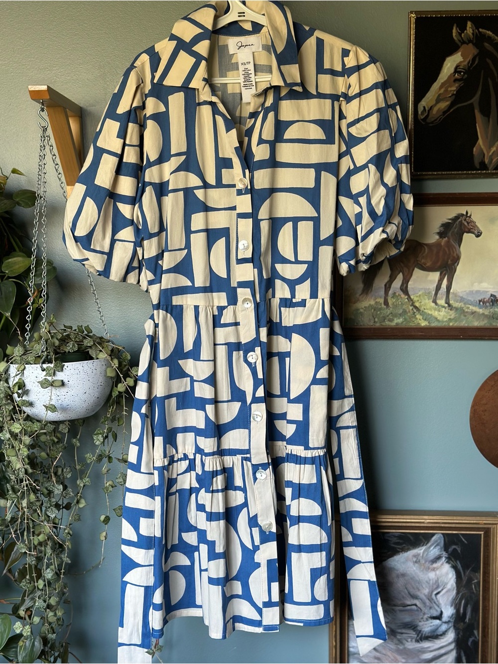 Japna Blue & Cream Geometric Button-Front Mini Dress
